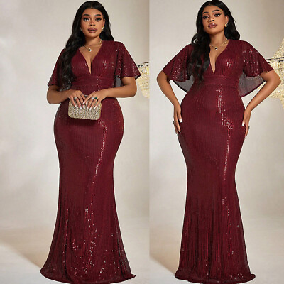#ad African Women Sequin Formal Abaya V neck Bodycon Maxi Dresses Party Evening Gown $53.45