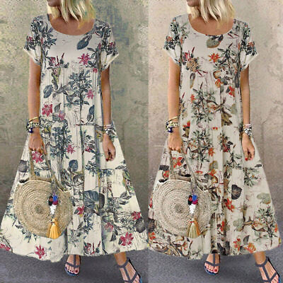 #ad BOHO Plus Size Womens Floral Maxi Dress Short Sleeve Summer Kaftan Long Sundress $5.98