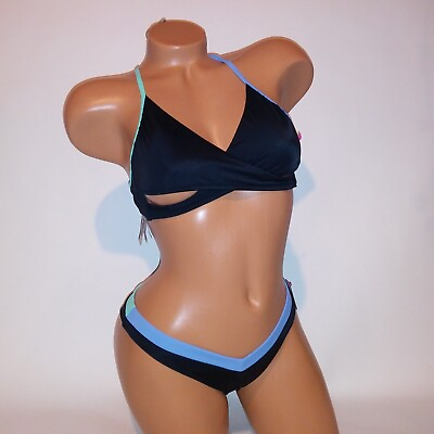 #ad Victoria Secret PINK Swim Bikini Small Top amp; Bottom Black Blue Wrap Halter New $49.49