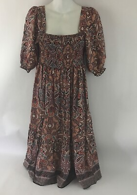 #ad Anthropologie Kindred Maxi Midi Dress L Brown Paisley Smocked Chest Tiered NEW $49.99