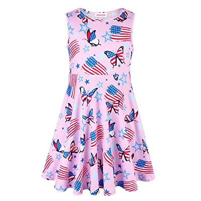 #ad Little Girls Unicorn Dress Sleeveless Casual 6 7 Years Pink Butterfly Flag $25.62