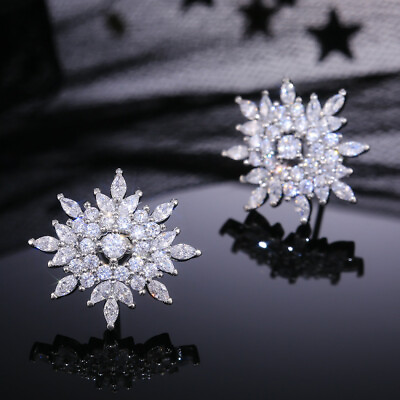 925 Silver Party Stud Earring Uniuqe Women Cubic Zircon Snowflake Jewelry C $3.88
