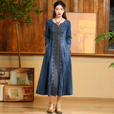 #ad New Women#x27;s Denim Dress Plus Size Embroidered Maxi Long Shirt Dresses A2621 $69.00