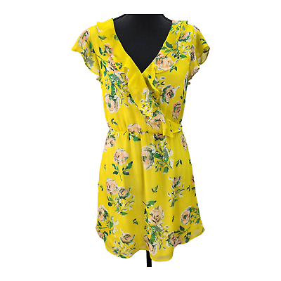 #ad Aeropostale Juniors SMALL Summer Dress Yellow Floral Ruffles Short Elastic Waist $9.99
