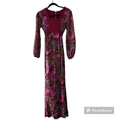 #ad Vintage Long Sleeve Floral Maxi Dress Mod Gogo Colorful $76.49