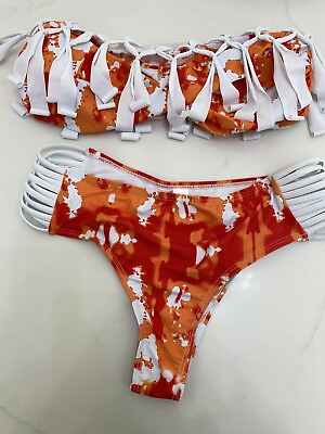 Red Orange Camo Print Bikini Bandeau Top W Tassels amp;cheeky Bottoms M New $28.99