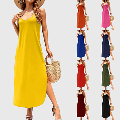 #ad Womens Summer Solid Sleeveless Long Maxi Swing Dresses Hawaii Beach Party Gowns $20.89