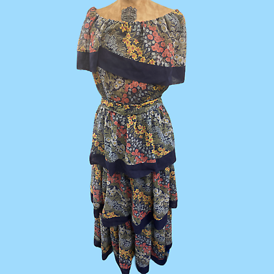 #ad Vintage 1970#x27;s Boho Chic Hippy Multi Layered Maxi Dress Floral Pattern $54.99