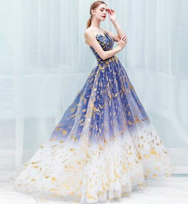 Trendy Off Shoulder Gradient Blue Tulle Evening Dresses Cocktail Party Prom Gow $99.40