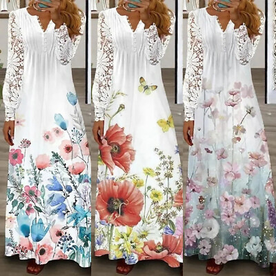 #ad Women#x27;s Maxi Dress Long Holiday V Neck Lace Long Sleeve Dress Casual Sundress $20.11