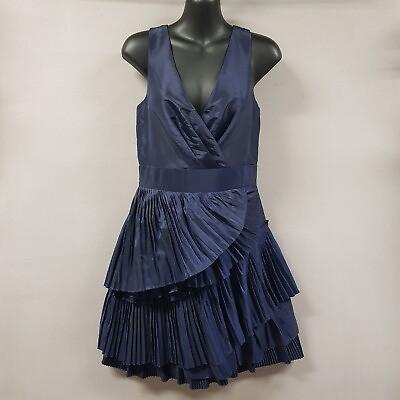 #ad Max amp; Cleo Taffeta Cocktail Dress Size 4 Blue Pleated Tiered Asymmeteical Hem $38.95