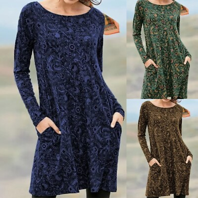 #ad Women Sundress Long Sleeve T Shirt Dress Ladies Loose Holiday Floral Print Midi $38.49