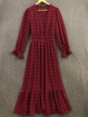 #ad FASHION Women Boho Maxi Dress Long Sleeve VNeck Swiss Dot High Waist Large NWOT $30.14