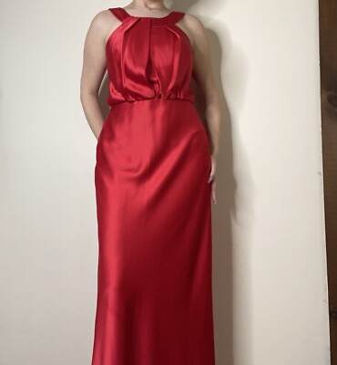 #ad Calvin Klein Red Satin Halter Long Formal Maxi Evening Dress Size 8 $59.46