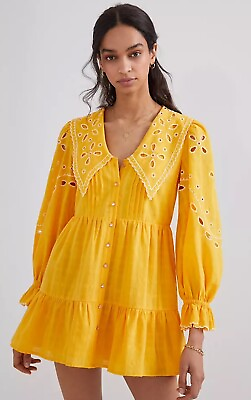 #ad #ad Anthropologie Rain Women Marigold Yellow Cotton Eyelet Mini Boho Dress Size XL $46.40