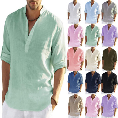Mens Cotton Linen Beach Shirts Casual Baggy Loose Summer Shirt Blouse Tops Tee $18.42