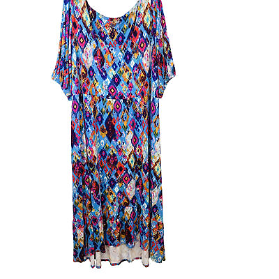 #ad Terra Sky Maxi Dress 3X Colorful Jersey Knit Ruffle Hi Low Pockets Short Sleeve $26.99