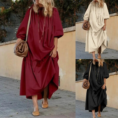 #ad Women#x27;s Long Sleeve Plain Midi Party Dress Casual Baggy Holiday Beach Dresses $28.69