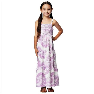 #ad Girl’s Purple Tie Dye Maxi Dress Summer Easter Beach Smocked Stretch M 10 12 NEW $29.99