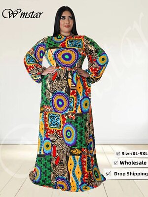 #ad Plus Size Party Dresses for Women Fall Clothes Long Sleeve Printed Long Dress $44.55