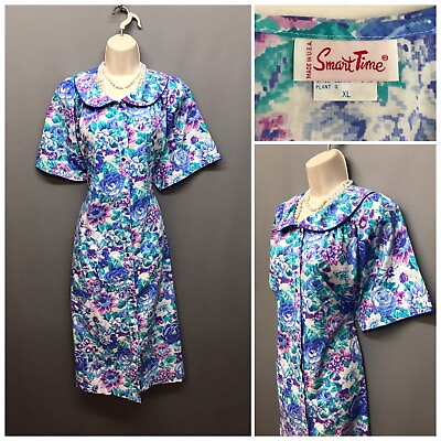 Smart Time Blue Floral Vintage Dress XL Sailor Collars Made in USA Buttoned Down GBP 34.95