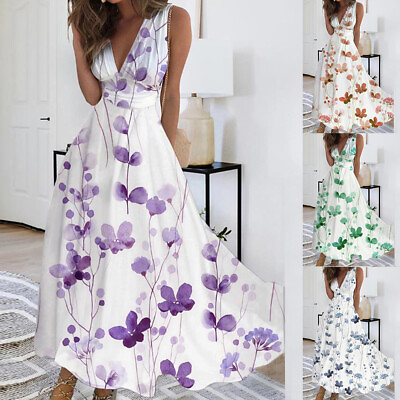 Women V Neck Floral Boho Maxi Dress Sleeveless Holiday Beach Sundress Long Gown $22.79