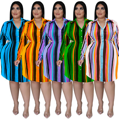 #ad NEW Plus Size Women Colorful Stripe Print Long Sleeves Buttons Casual Dress $31.46