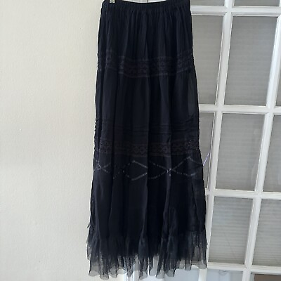 Lola P Boho Skirt Long Black Layers Lace Netting Elastic Waist Sexy Size S NWT $47.50