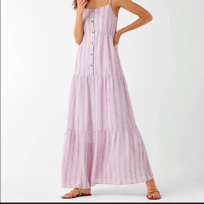 #ad H1 Splendid Arco Iris Striped Linen Tiered Maxi Dress Striped Sz Small $46.75