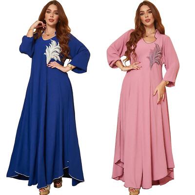 #ad Spring Women Muslim Maxi Abaya Kaftan Dress Morocco Long Sleeve Robe Party Gown $31.74