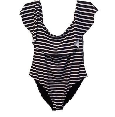 #ad Boohoo maternity swimsuit size 18 navy blue white stripe ruffle flounce shoulder $13.50