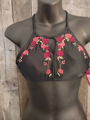 #ad Xhilaration Women#x27;s Size XS Bikini Top Black Embroidered Roses Bathing Suit $5.00