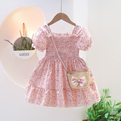 #ad Girls Summer Cute Western Style Floral Puff Sleeves Short sleeved Princess Dress $25.61