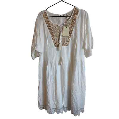 #ad Ella Moon Womens Sz L Midi Length Boho Dress White Beige Embroidered NEW $18.00