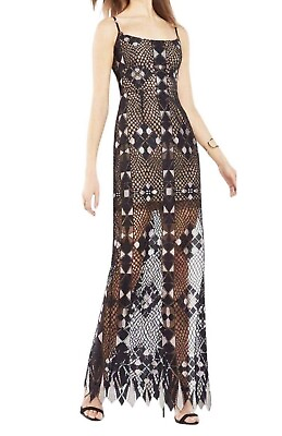 #ad BCBGMaxazria Formal Lace Geometric Cutout Long Maxi Dress Black Size 10 $200.00