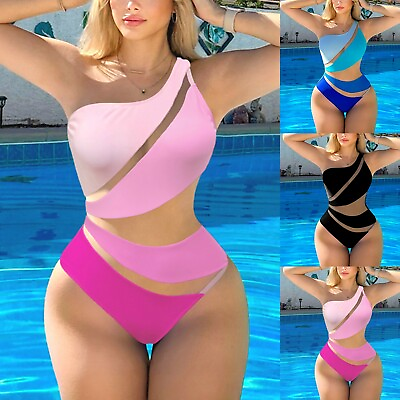 #ad Women#x27;s High Waisted Patchwork Mesh Sexy Chest Pad Slim Fit Swimsuit Mini Bikini $18.27