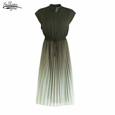 Pleated Long Dress Korean Short Sleeve Elastic Waist Maxi For Women Vestidos New $35.91