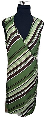 #ad Perseption Wrap Dress Brown Green White Horizontal Stripe Maxi Length Womens XL $13.95