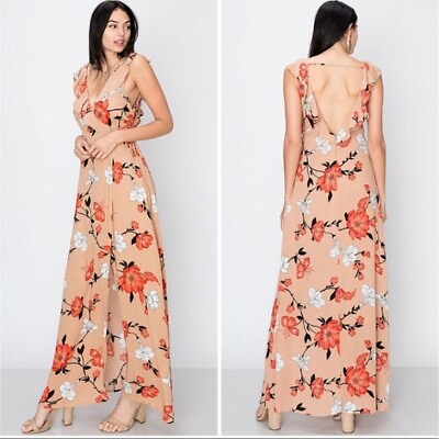 #ad Taupe Deep V Faux Wrap Blossom Floral Open Back Long Maxi Dress Spring Women#x27;s $64.99