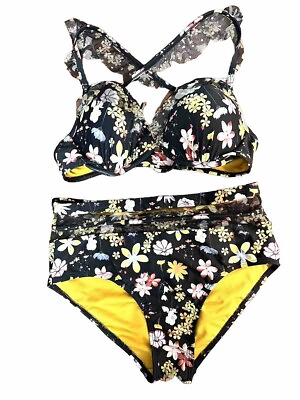#ad Black Floral High Waisted Bikini 2 Piece Molded Cup Size Small 4 6 Adjustable $15.00