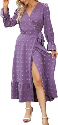 #ad Women#x27;s Long Sleeve Wrap V Neck Ruffle Belted A Line Flowy Boho Maxi Dress Small $29.99