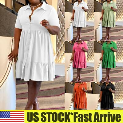 Summer Plus Size Womens Button V Neck Midi Dress Ladies Short Sleeve Shirt Dress $26.79