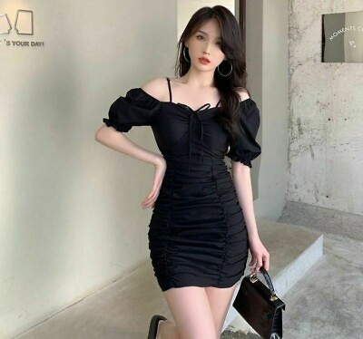 Sexy Slims Puff Sleeves Dress Black White Party Wears Fashionable Simple Dresses $27.71