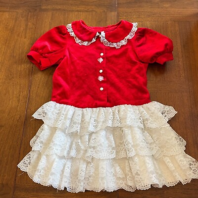 #ad Vintage Storyland Velvet Tiered lace Party Dress Girls Size 4 Red Ivory $8.75