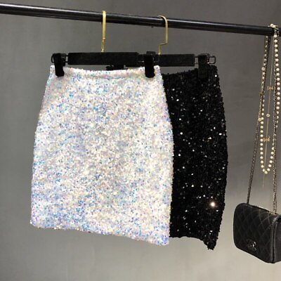 #ad Sequins Thin Tall Waist Sexy Small Bright Shiny Dress Skirt Skirt Women $50.29
