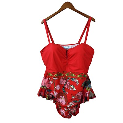 #ad New Modcloth One Piece Swimsuit Plus Size 4X Floral Red Ruffle Halter Adjustable $39.99