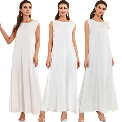 #ad Dubai Satin Women Sleeveless Long Maxi Dress Abaya Under Kaftan Muslim Ramadan $24.39