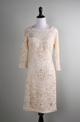 #ad SUE WONG Nocturne $458 Lace Beige Beaded Sheer Yoke Lined Evening Dress Size 4 $104.99
