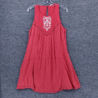 Hollister Sundress Womens L Large Red Lace Trim Pleated Round Neck Sleeveless $13.99