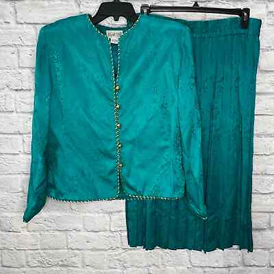 #ad Papell Too Vintage Skirt Suit Womens 16 Turquoise Silk Demask Gold Trim 2 pc $41.21